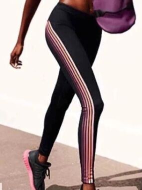 PINK Victoria's Secret Black Leggings with Pink Stripe Side Panels